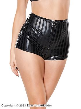 Boyshort-Höschen, wet-look, hohe Taille, Front-Reißverschluss, vertikale Streifen